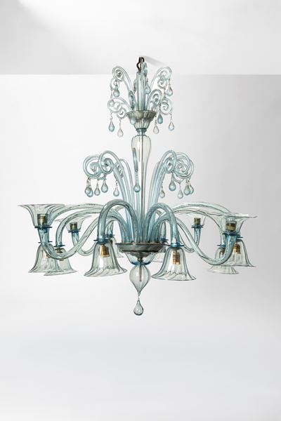 Lampadario in vetro soffiato e metallo, M.V.M. Cappellin & C., Murano