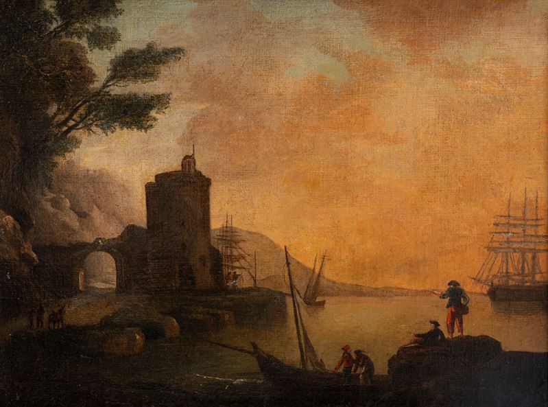 Paesaggio costiero con torre circolare e veliero