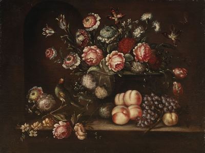 Fiori in un vaso, uva e pesche su un tavolo con uccellino, olio su tela