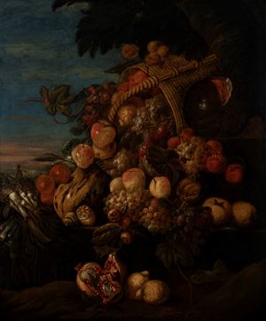 Natura morta con uva, melograno, mele, limoni e cipollotti en plein air