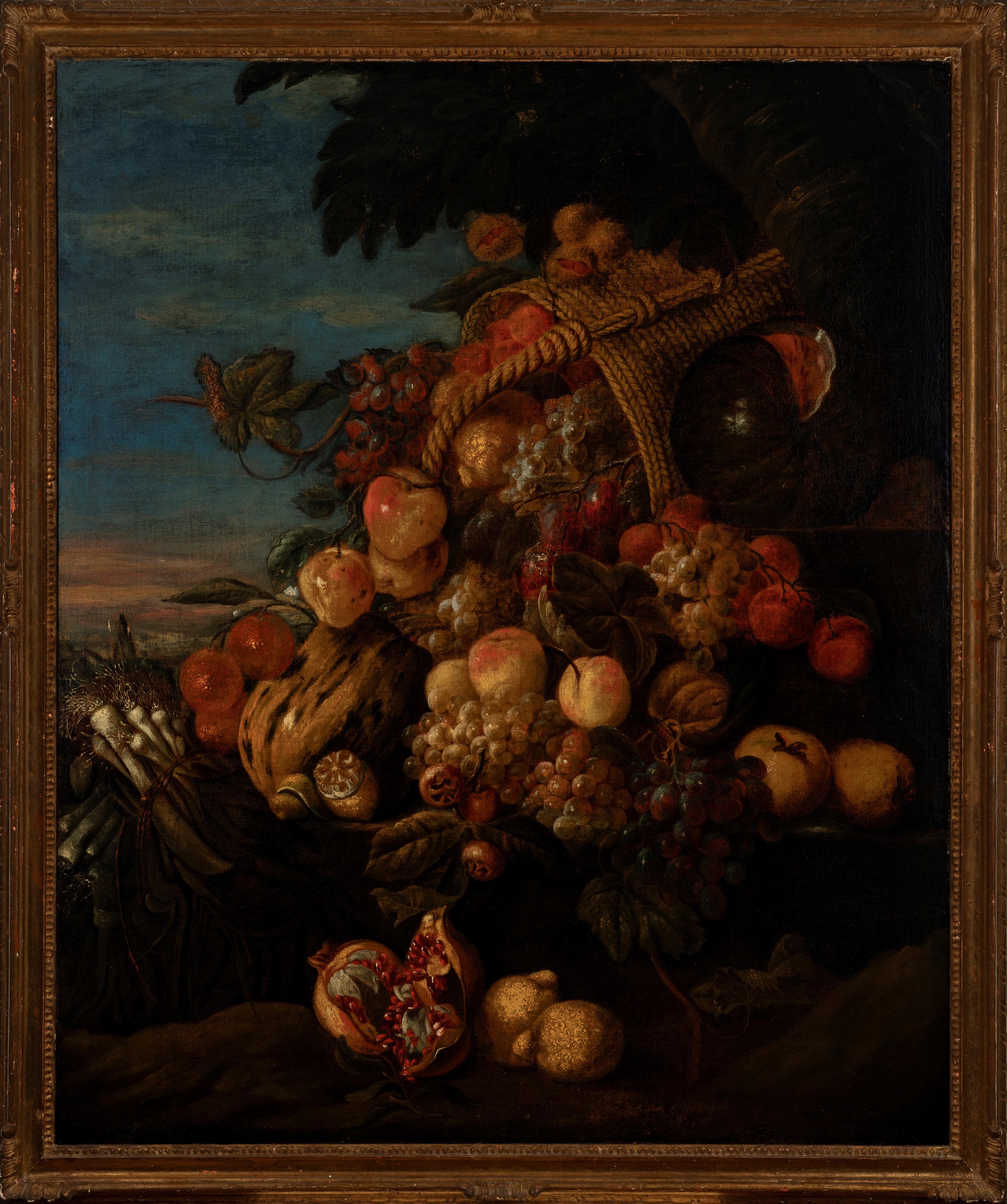 Natura morta con uva, melograno, mele, limoni e cipollotti en plein air
