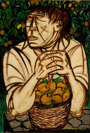 Giovane con cesto di frutta