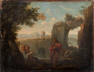 Paesaggio arcadico con arco roccioso e astanti in riposo