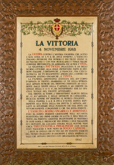 Rara targa in lamiera litografata con Proclama di Vittoria (4 novembre 1918)