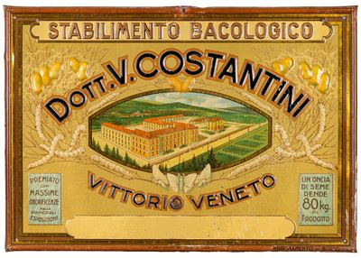 STABILIMENTO BACOLOGICO DOTT. V. COSTANTINI, Insegna pubblicitaria su latta litografata (cromolit...