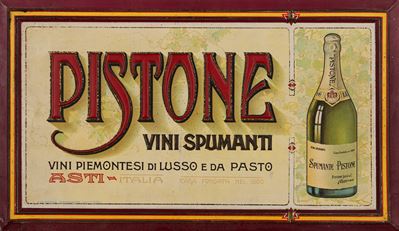 Tabella pubblicitaria in latta litografata, PISTONE Vini Spumanti (Asti), primi anni del XX secol...