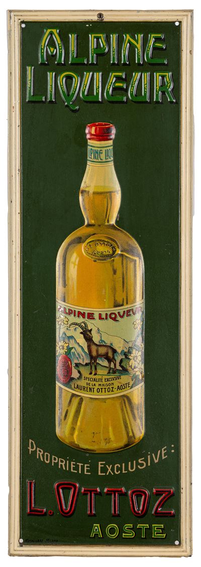 METALGRAF, Tabella in latta litografata per “ALPINE LIQUEUR” della L. OTTOZ (Aosta)