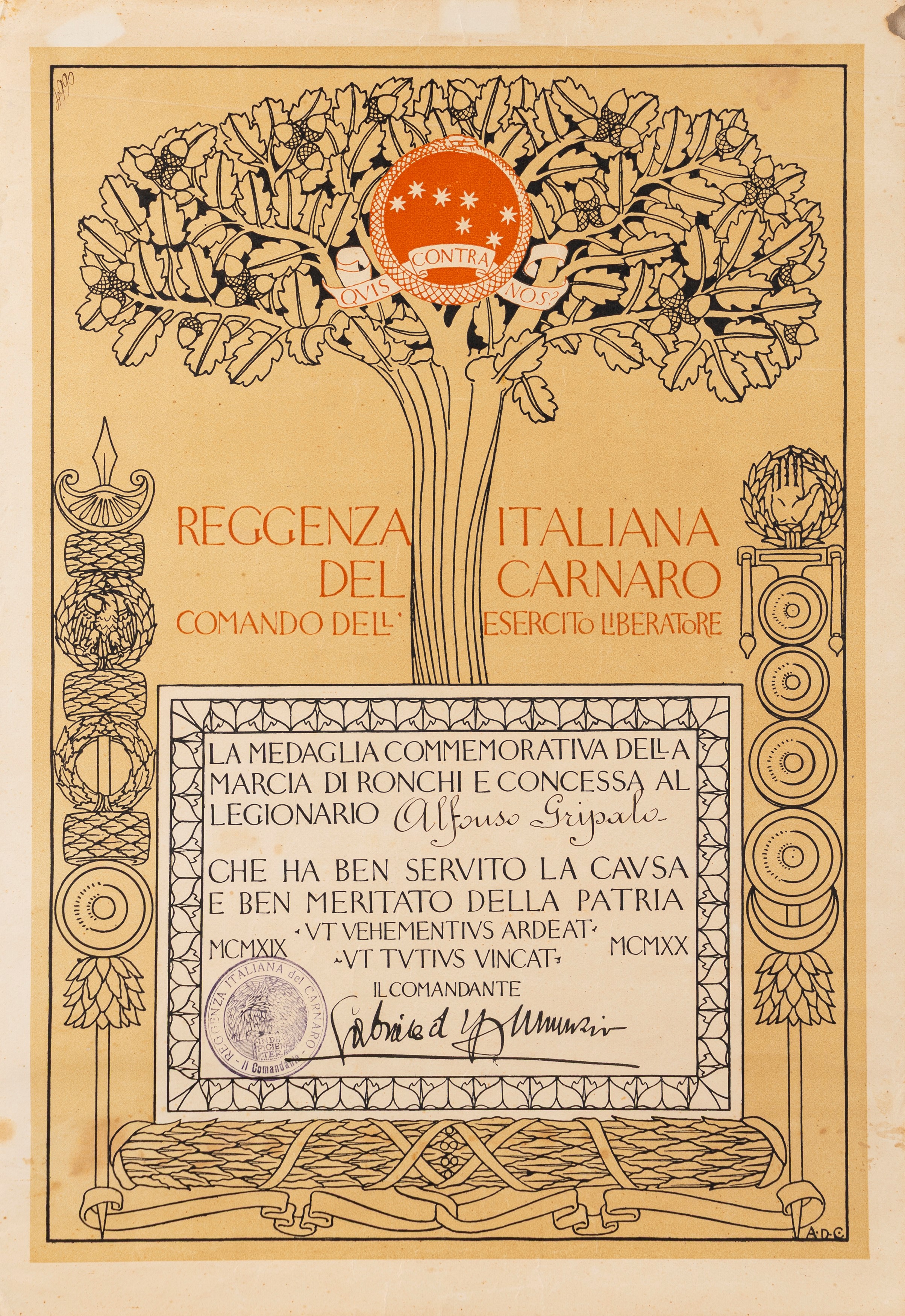 Gabriele D'annunzio, Adolfo De Carolis - Attestato per la Marcia di Ronchi dei Legionari (Fiume),...