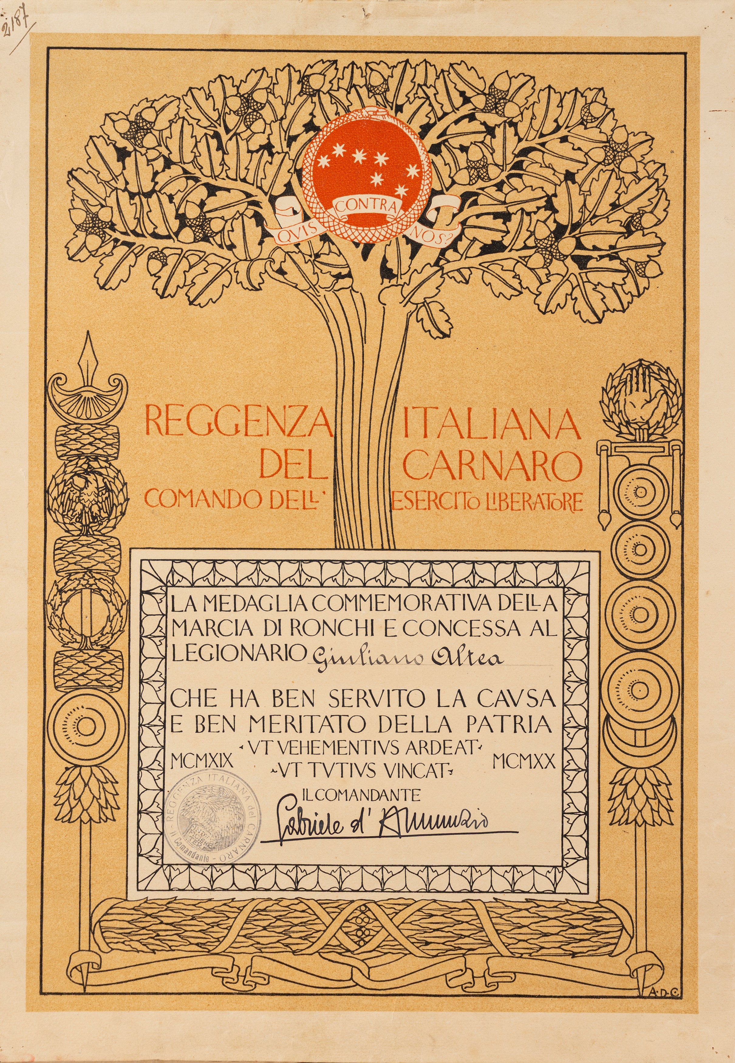 Gabriele D'annunzio, Adolfo De Carolis - D’Annunzio, Attestati per la Marcia di Ronchi dei Legion...