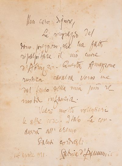 Gabriele d’Annunzio, Lettera autografa firmata, 14 aprile 1921