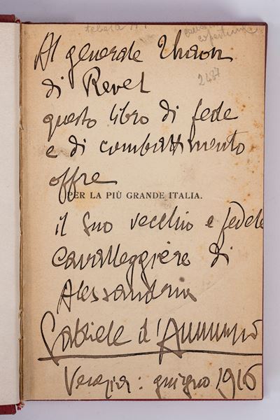 Per la più grande Italia. Orazioni e messaggi (1916) con dedica autografa a Thaon di Revel
