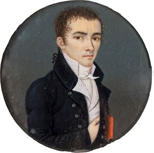 Fermacarte in radica con miniatura sottovetro con ritratto di gentiluomo
