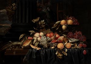 Still life of grapes, lemons, peaches and plums on a table with a landscape in the background