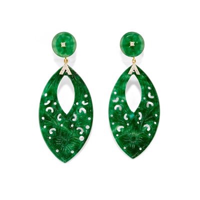 Orecchini con giada e diamanti, in oro giallo 18k