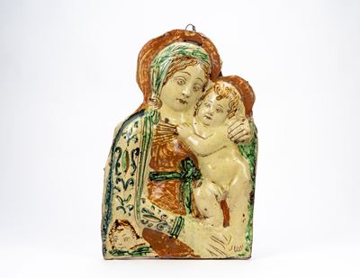 Probabile Emilia-Romagna, Targa votiva in maiolica policroma con Madonna con Bambino (secolo XIX)