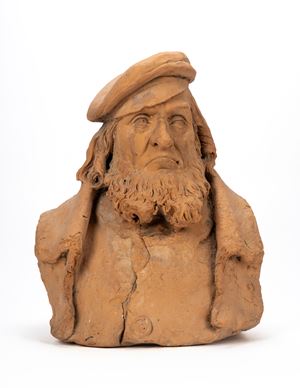 Busto di uomo barbuto con cappello in terracotta. XIX secolo