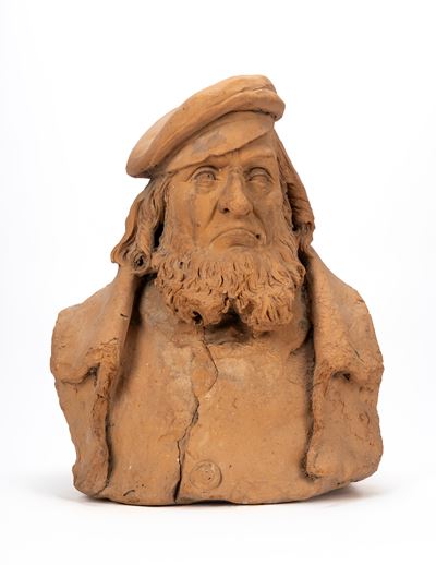 Busto di uomo barbuto con cappello, terracotta, XIX secolo