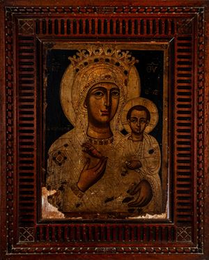 Icona ortodossa raffigurante Madonna con Bambino. Fine secolo XIX. Difetti (mancanze)