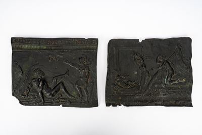 Bronzo, Due formelle con Ercole fanciullo che strozza i serpenti e La morte di Ercole sulla pira,...