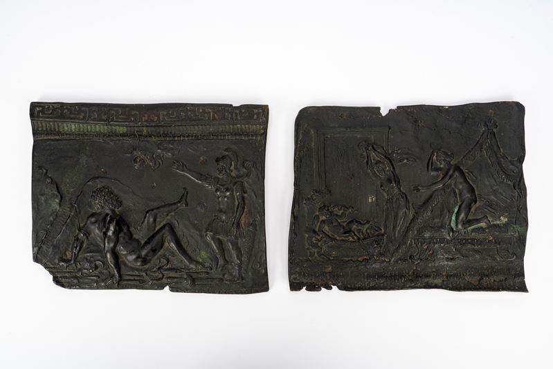 Bronzo, Due formelle con Ercole fanciullo che strozza i serpenti e La morte di Ercole sulla pira,...