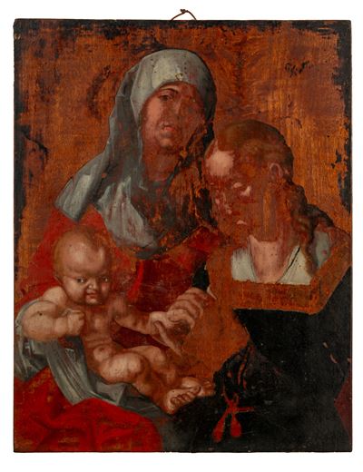 Pannello con Sacra Famiglia e stemma araldico, maiolica