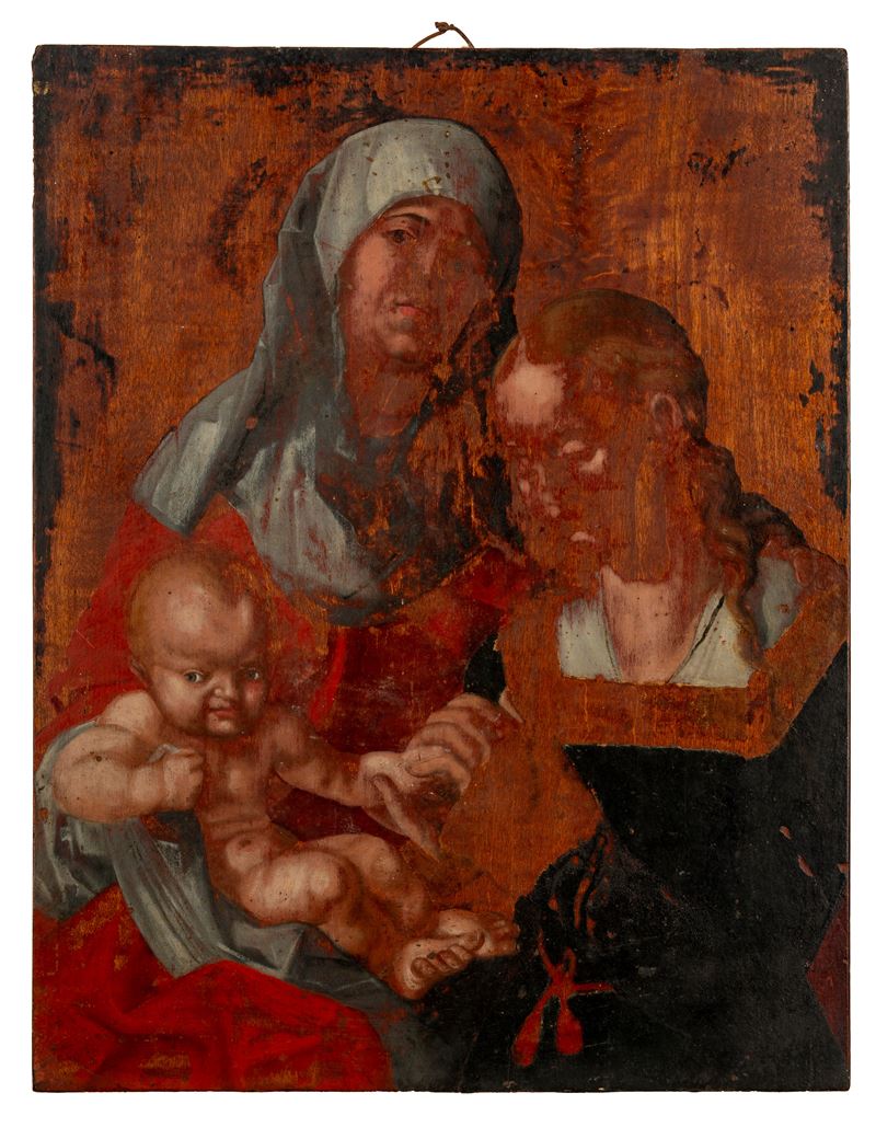 Pannello con Sacra Famiglia e stemma araldico, maiolica policroma