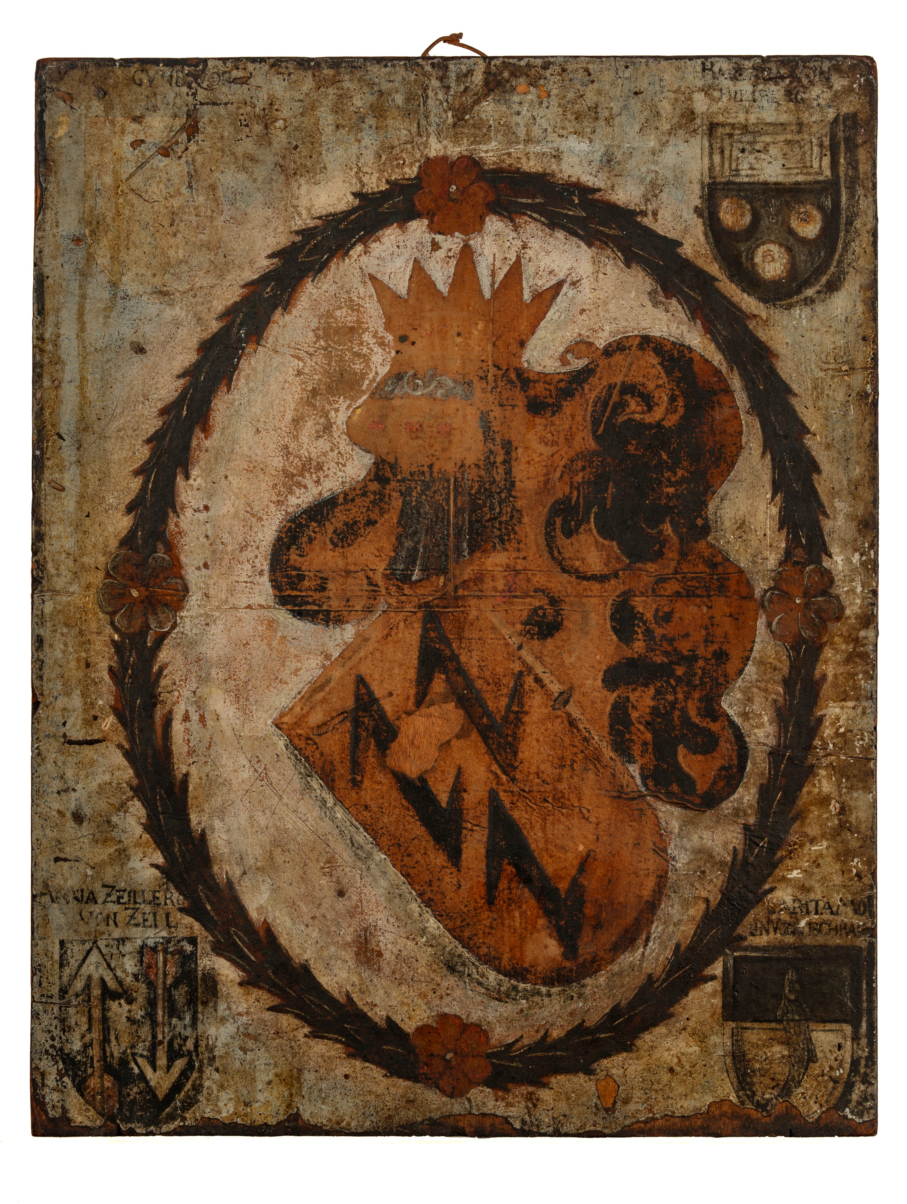 Pannello con Sacra Famiglia e stemma araldico, maiolica policroma