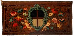 Pannello araldico decorativo dipinto su cuoio. Secolo XIX