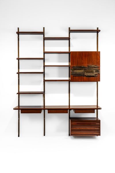 Libreria modello E22 componibile, metallo laccato, palissandro, bronzo e ottone (1957)