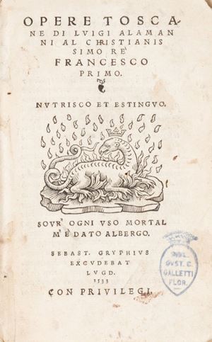 Importante e rara edizione, coeva all'originale, della II parte. La rarità di queste prime edizioni principalmente deriva dal fatto che Niccolò Franco seguì gli ordini dati dal pontefice Clemente VII di farle bruciare in Roma, perché l'autore "piangeva in esse la rovina della sua patria, biasimando la tirannide, e confortava i suoi cittadini alla libertà. Sappiamo dal Manni, che anche i librai fiorentini furono condannati in gravose multe dal duca di Alessandro per la vendita che ne facevano.
Brunet I, 125: "cette edition… est rare"; Gamba, 14: "raro".  Opere toscane di Luigi Alamanni 