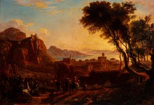 Paesaggio con viandanti e rovine in lontananza