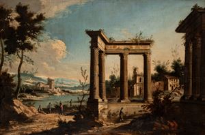 Paesaggio fluviale con rovine classiche e figure