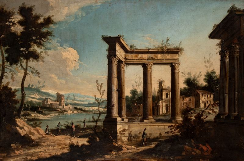 Paesaggio fluviale con rovine classiche e figure