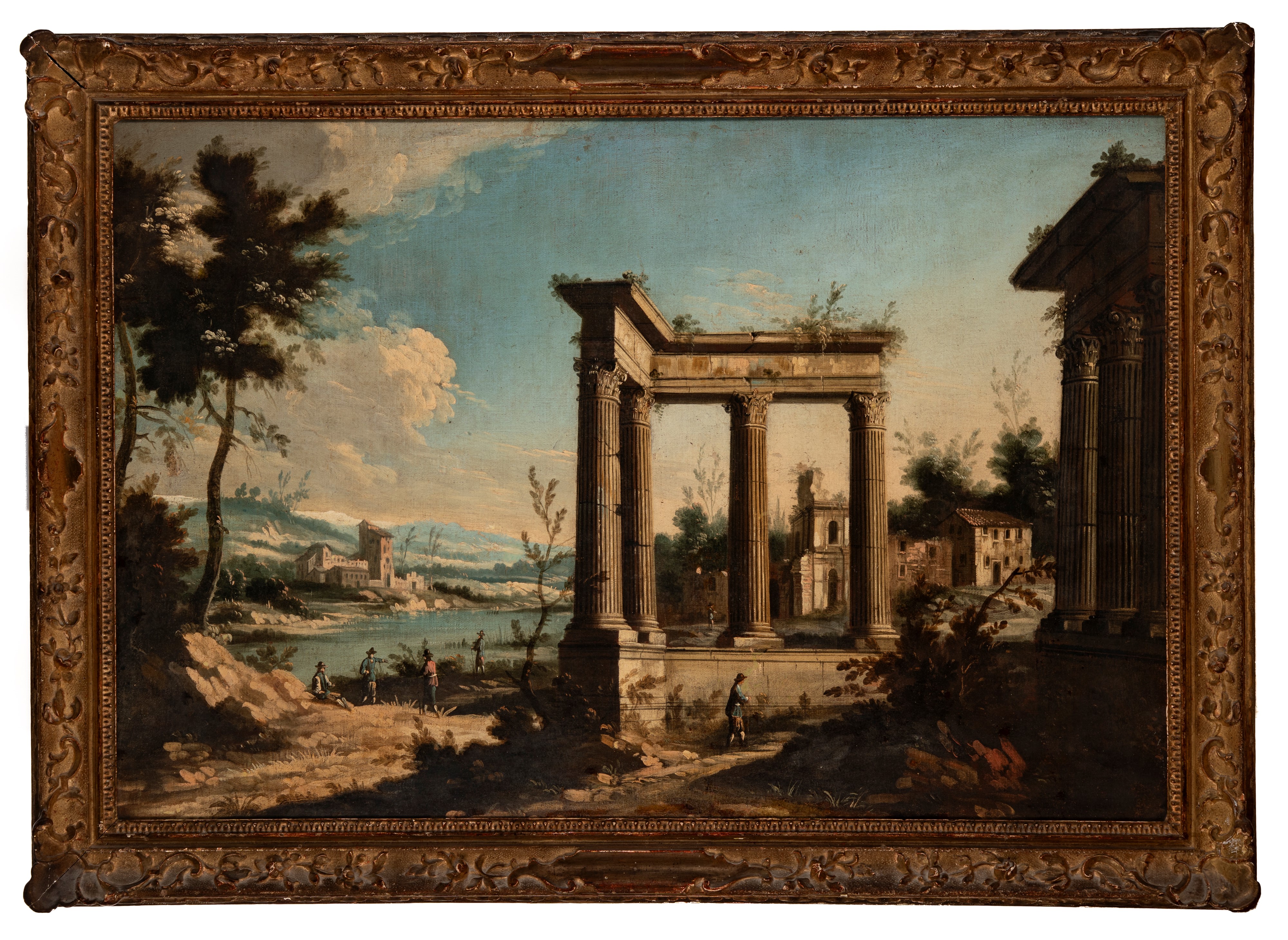 Paesaggio fluviale con rovine classiche e figure