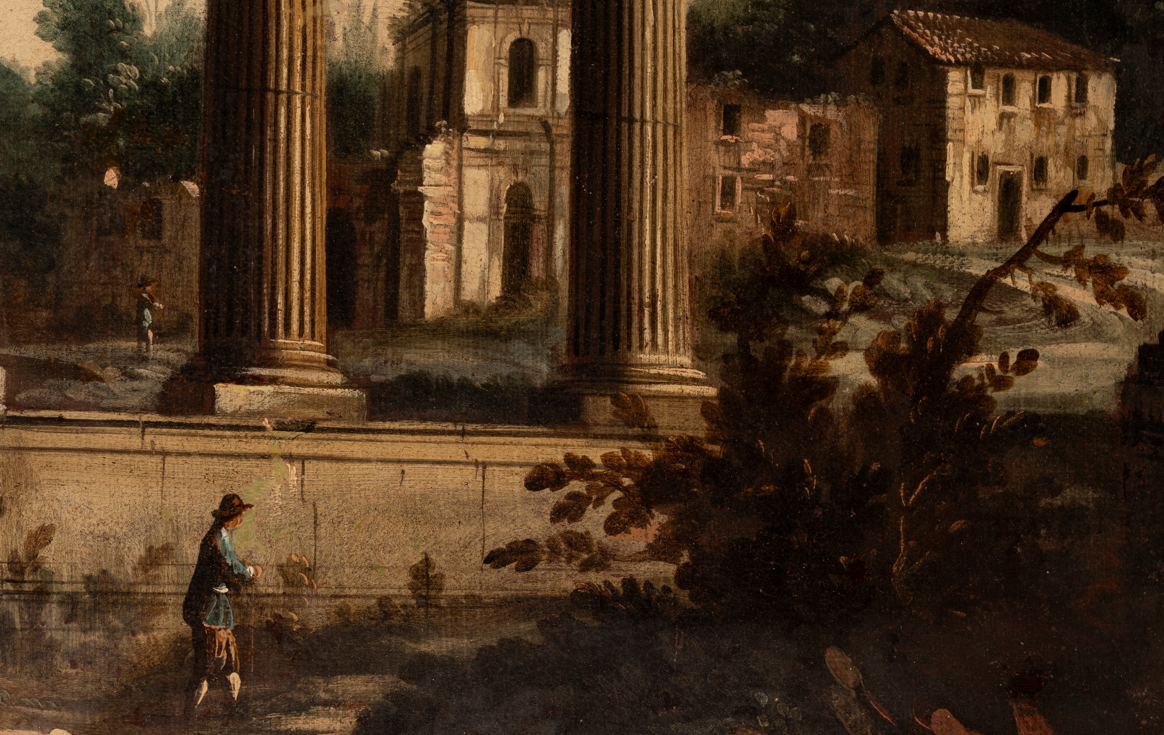 Paesaggio fluviale con rovine classiche e figure