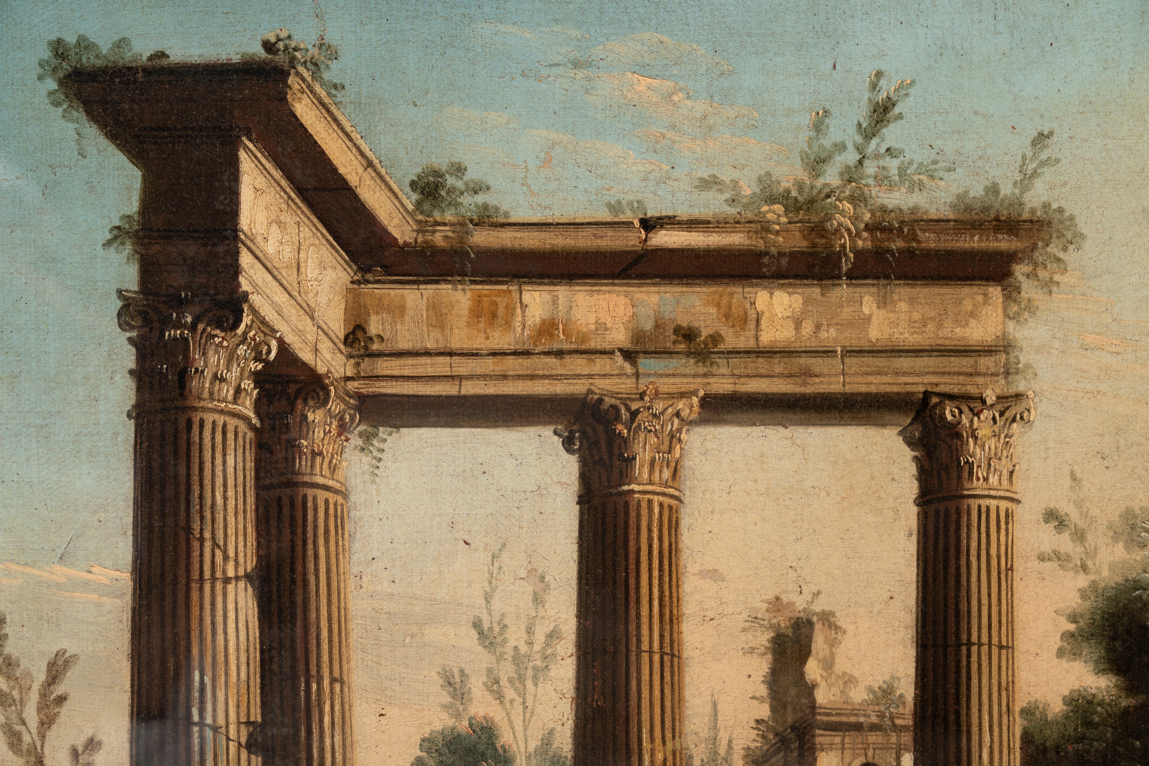Paesaggio fluviale con rovine classiche e figure