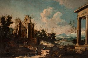 Paesaggio fluviale con rovine classiche e figure