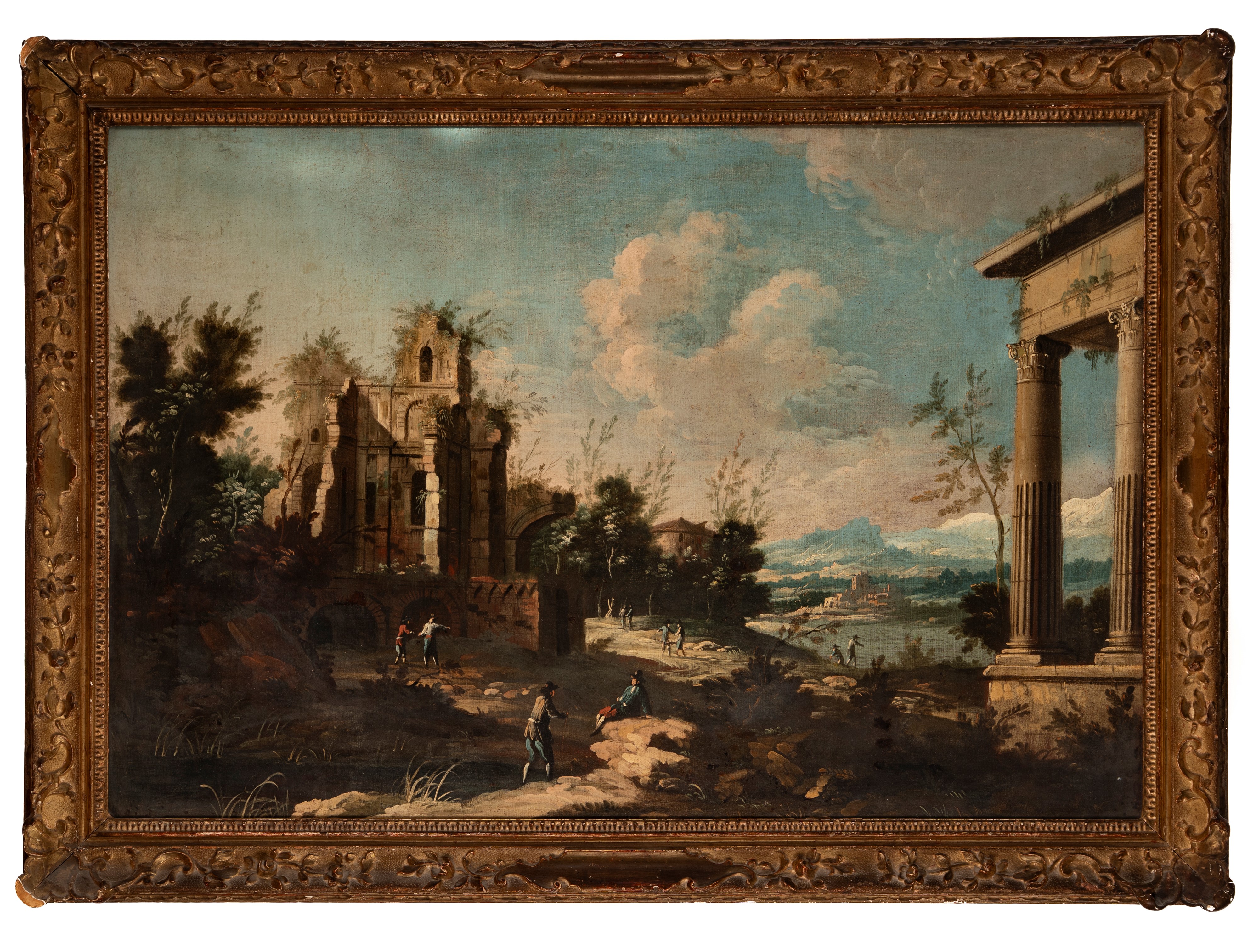 Paesaggio fluviale con rovine classiche e figure