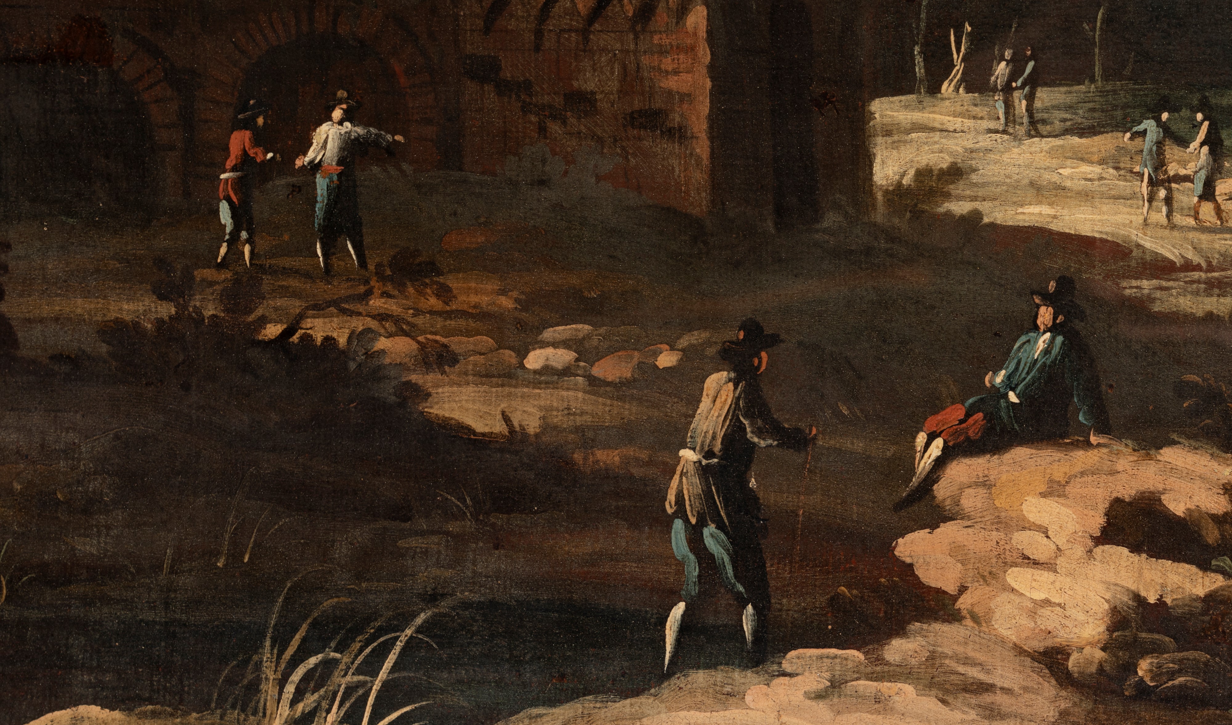 Paesaggio fluviale con rovine classiche e figure