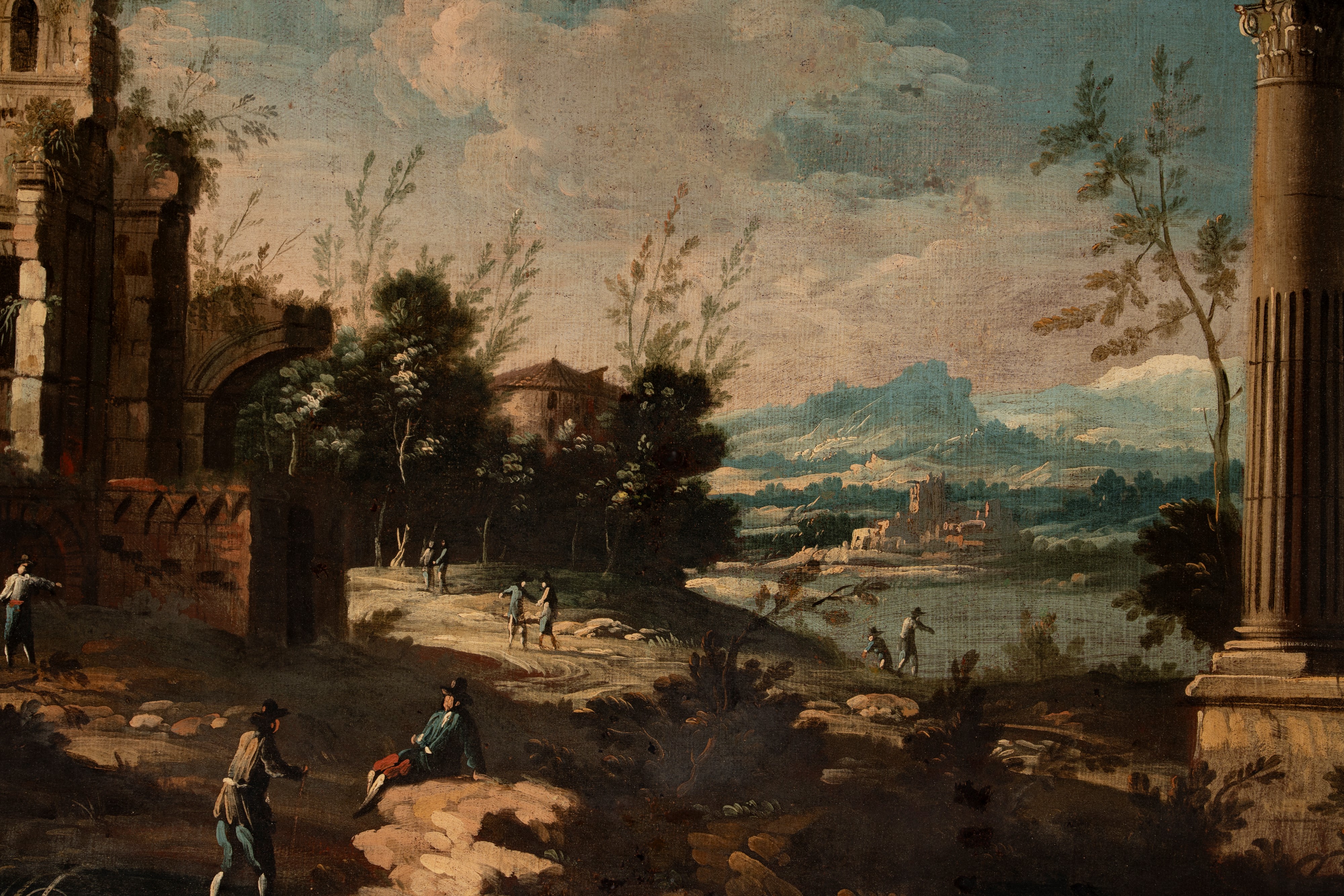 Paesaggio fluviale con rovine classiche e figure
