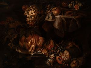 Natura morta con zucca, uva e melograno