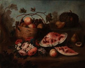 Natura morta con anguria, fiori e cesta di frutta en plein air