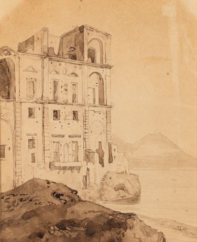 Palazzo Donn’Anna a Posillipo, matita e acquerello bruno su cartoncino