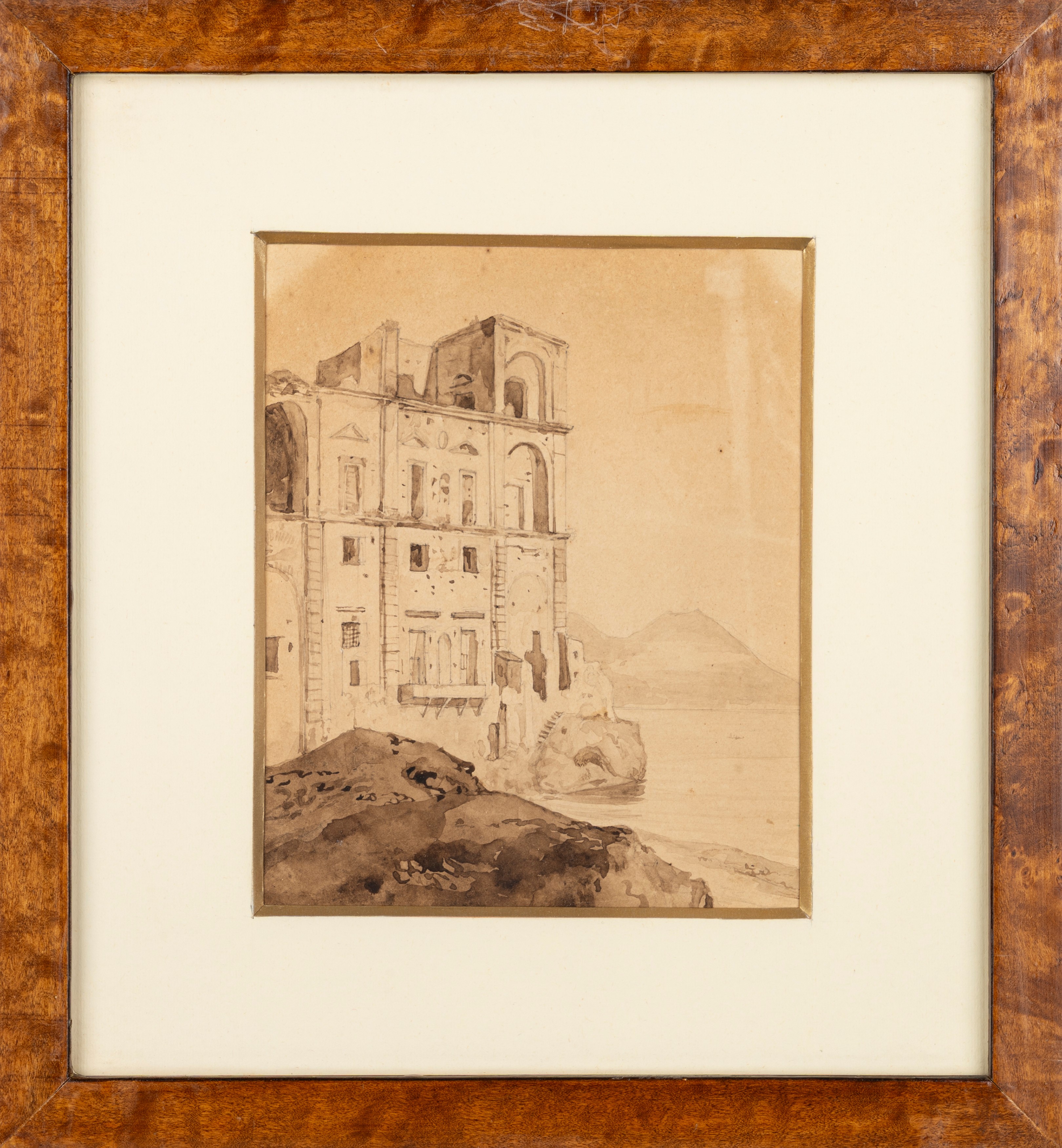 Scuola di Posillipo - Palazzo Donn’Anna a Posillipo, matita e acquerello bruno su cartoncino