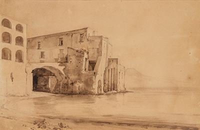 Villa a Posillipo, matita e acquerello bruno su cartoncino