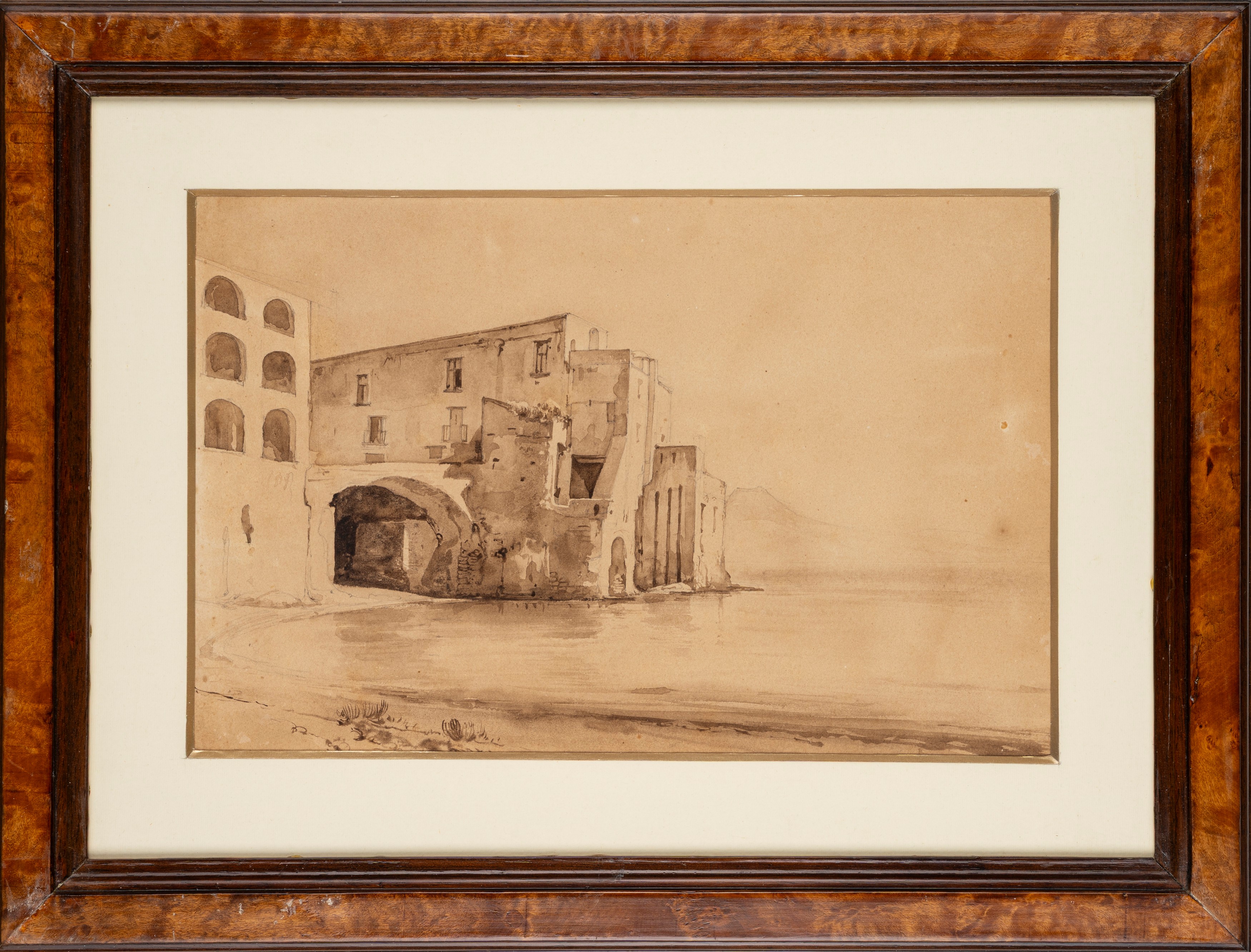 Scuola di Posillipo - Villa a Posillipo, matita e acquerello bruno su cartoncino