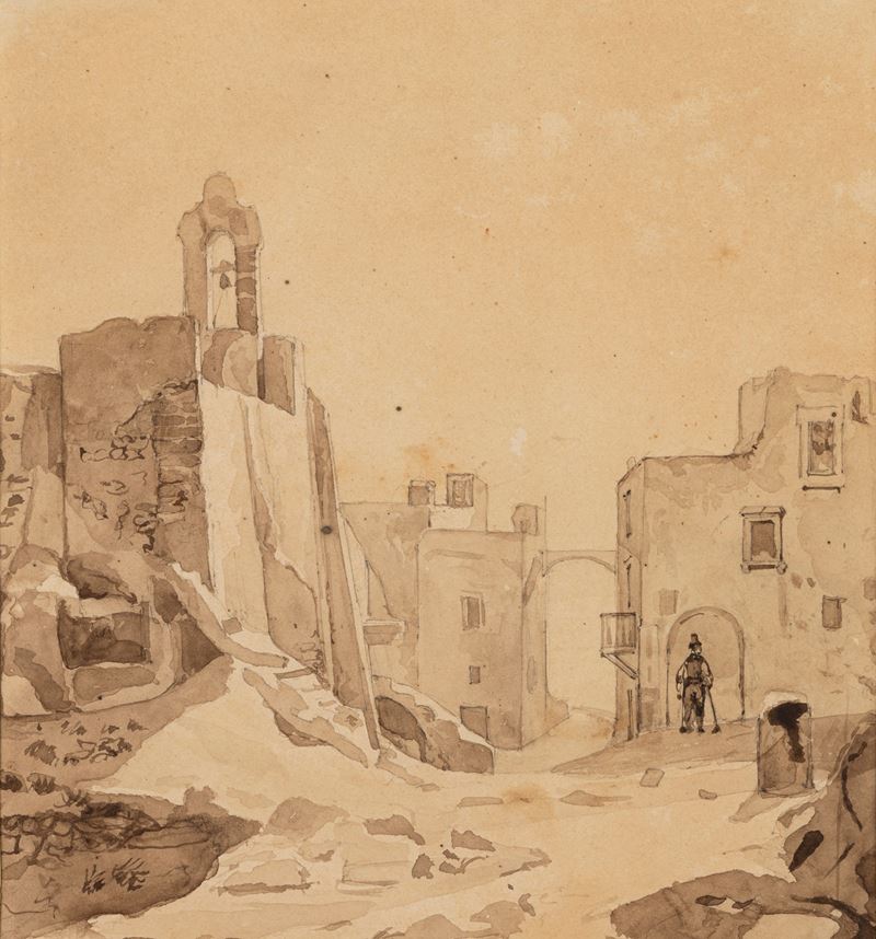 Scuola di Posillipo - Masseria a Posillipo, matita e acquerello bruno su cartoncino