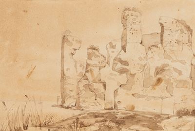 Il tempio di Apollo, matita e acquerello bruno su cartoncino