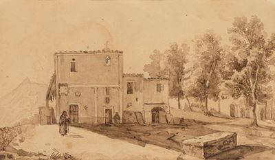 L’eremitaggio sul Vesuvio, matita e acquerello bruno su cartoncino