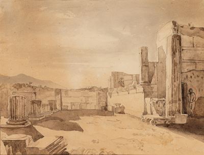 Scavi di Pompei, matita e acquerello bruno su cartoncino